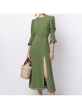 Reformation Olive Green Polka Dot Midi Dress with Side Slit